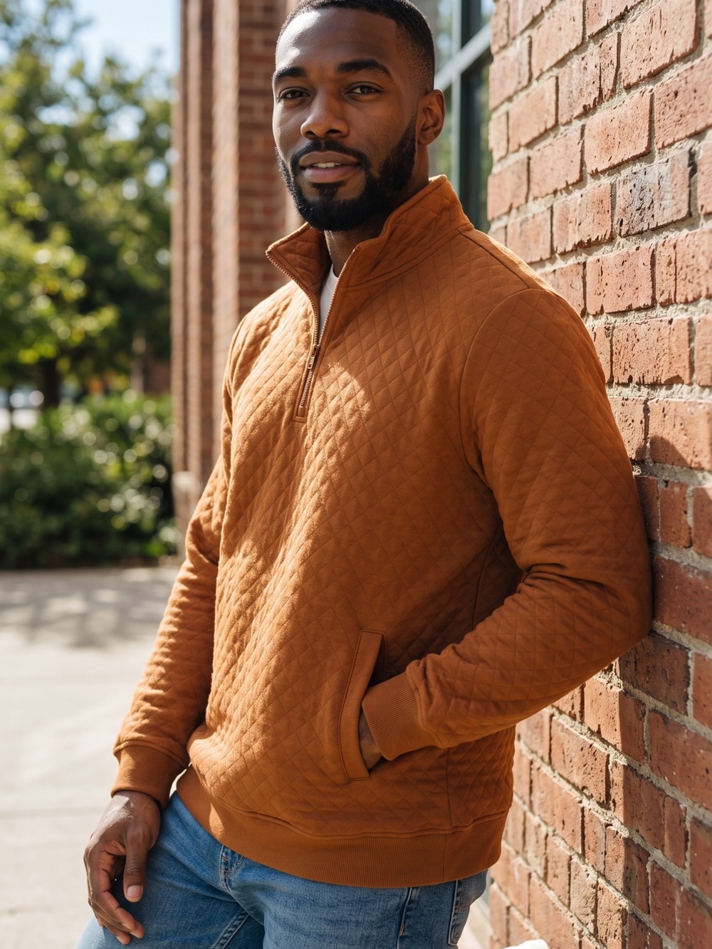 NWT COOFANDY Men’s Quilted Quarter-Zip Pullover Sweatshirt Brown Large